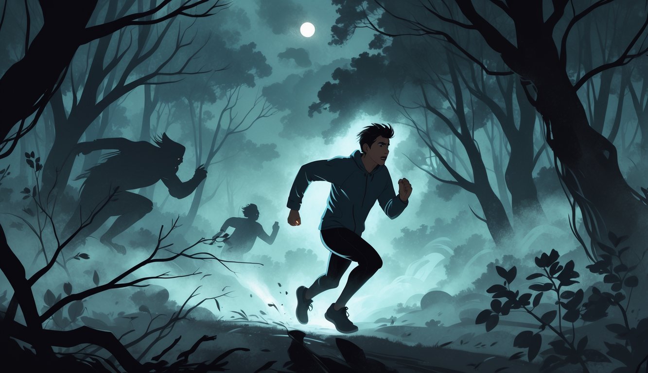 A person running through a dark, misty forest at night with shadows in the background and a faint light in the distance.