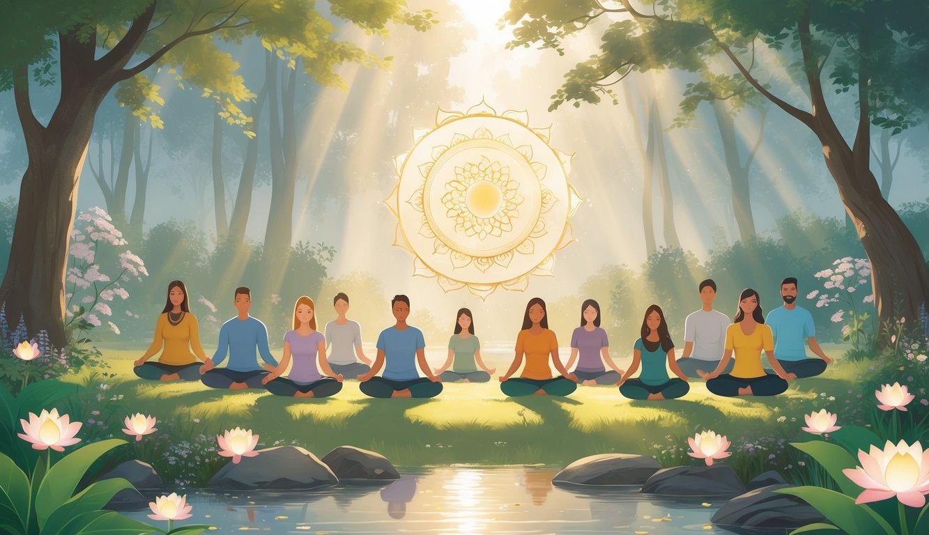 A peaceful outdoor scene showing people practicing meditation, yoga, and mindfulness surrounded by nature with trees, flowers, and a small stream.