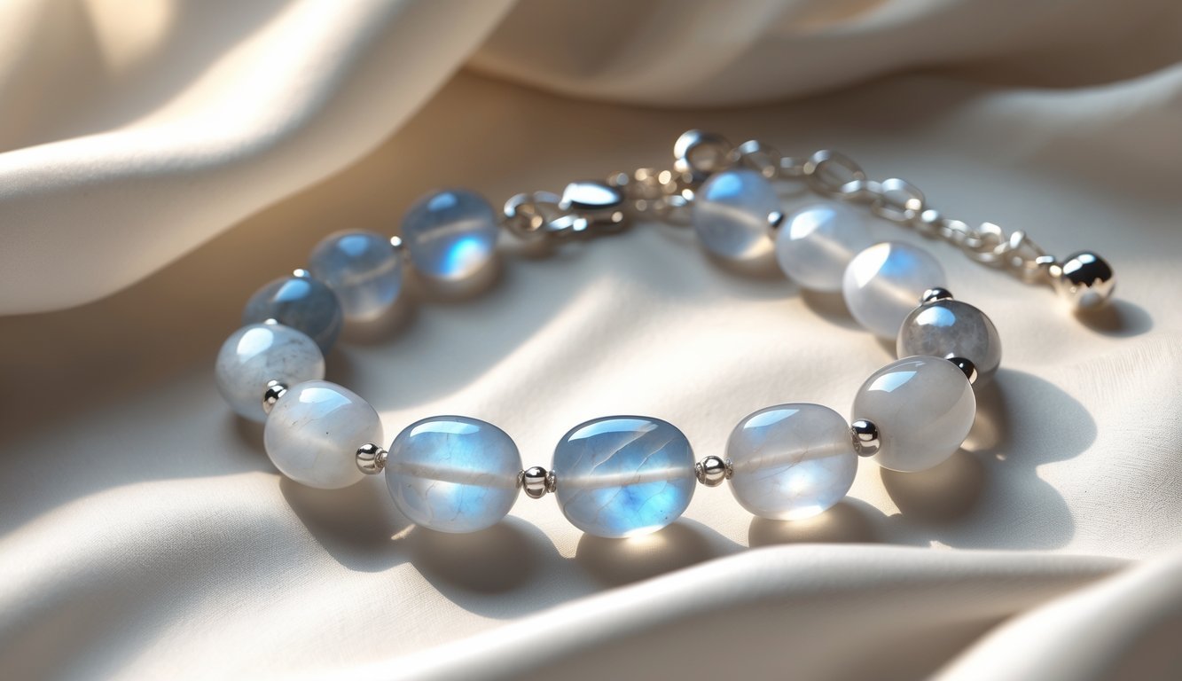 A moonstone bracelet with polished translucent beads and a silver chain displayed on soft fabric.