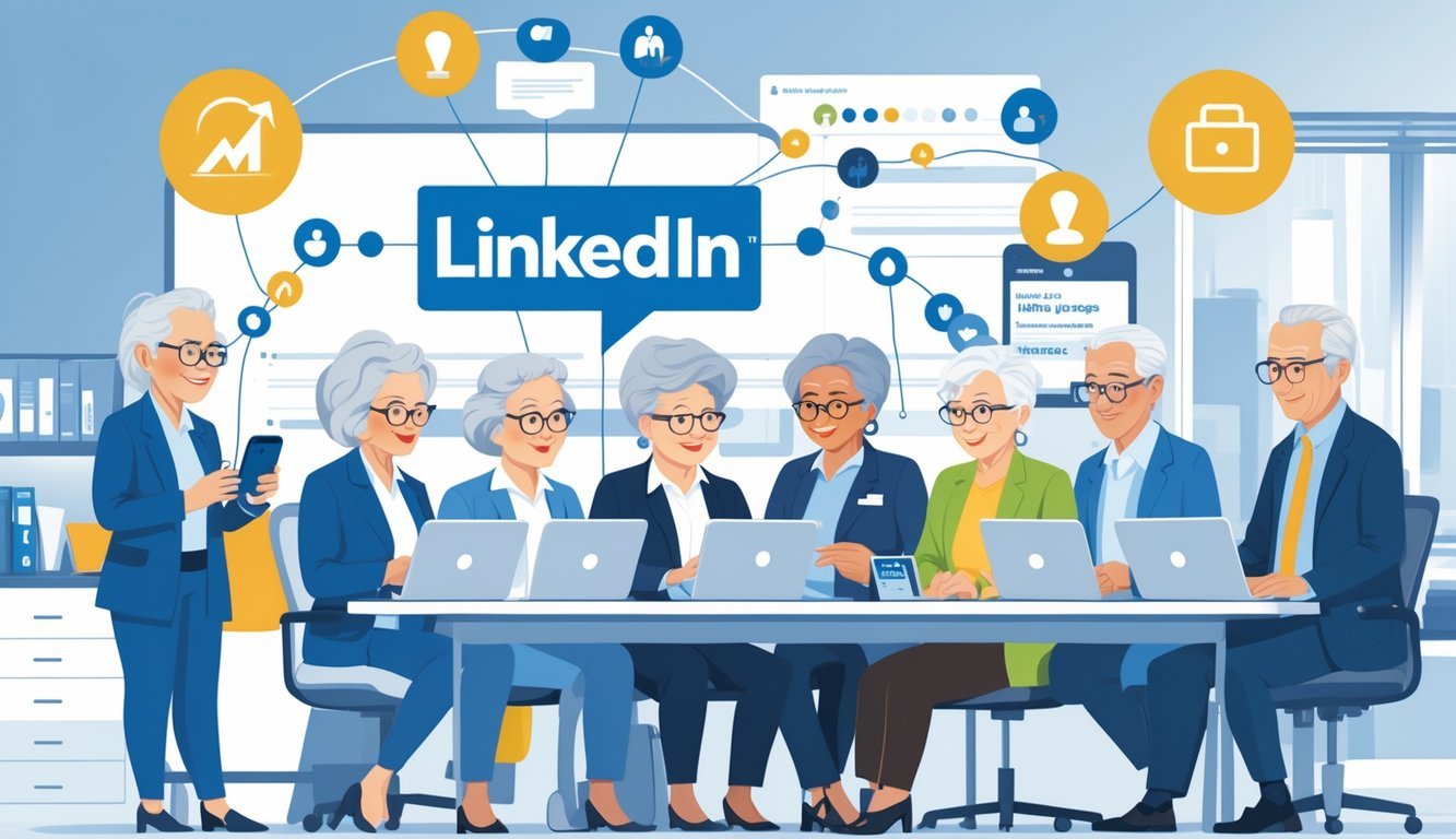 Older professionals using laptops and smartphones in an office, actively engaging with digital job offers and networking.
