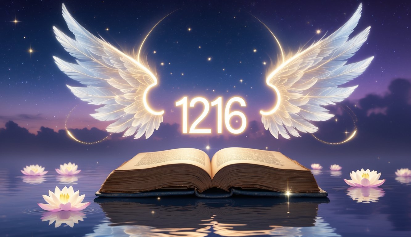 A glowing number 1216 above an open ancient book, surrounded by angelic wings and floating lotus flowers, set against a twilight sky with stars and reflected in calm water.