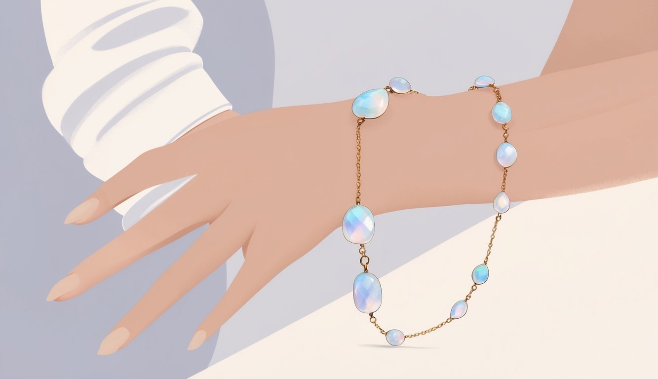 Close-up of a wrist wearing a delicate moonstone bracelet with smooth glowing beads.