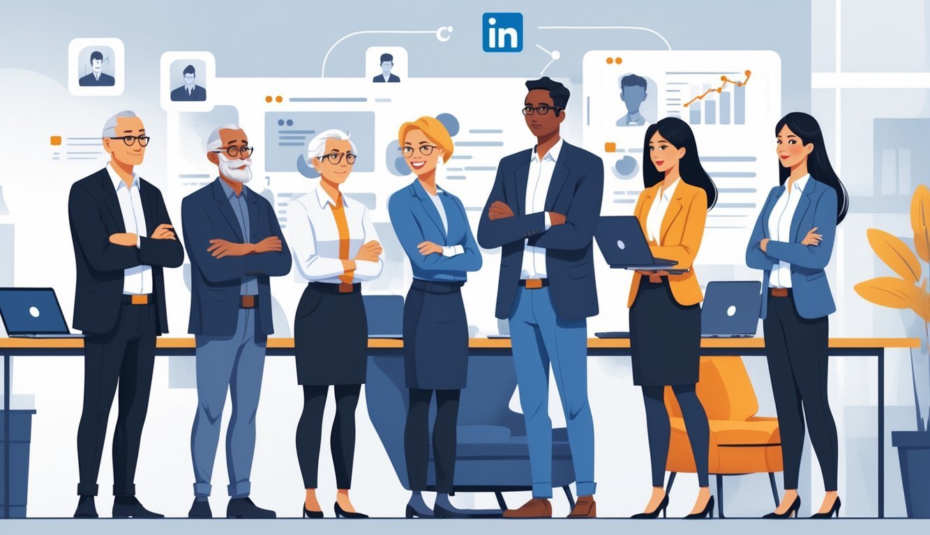 A group of older and younger workers in an office, with younger workers interacting with recruiters while older workers look on thoughtfully.