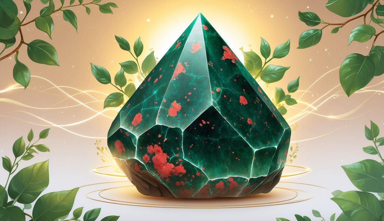 A polished bloodstone with green color and red speckles surrounded by glowing energy waves and small leaves.