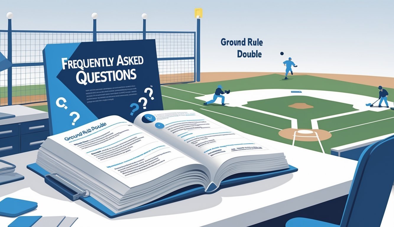 A clean office desk with an open book showing organized information and a subtle baseball field diagram in the background illustrating a ball bouncing off a fence and a player running bases.