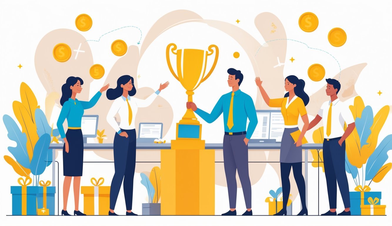 People in an office reaching for a trophy and surrounded by symbols of rewards like coins and certificates.