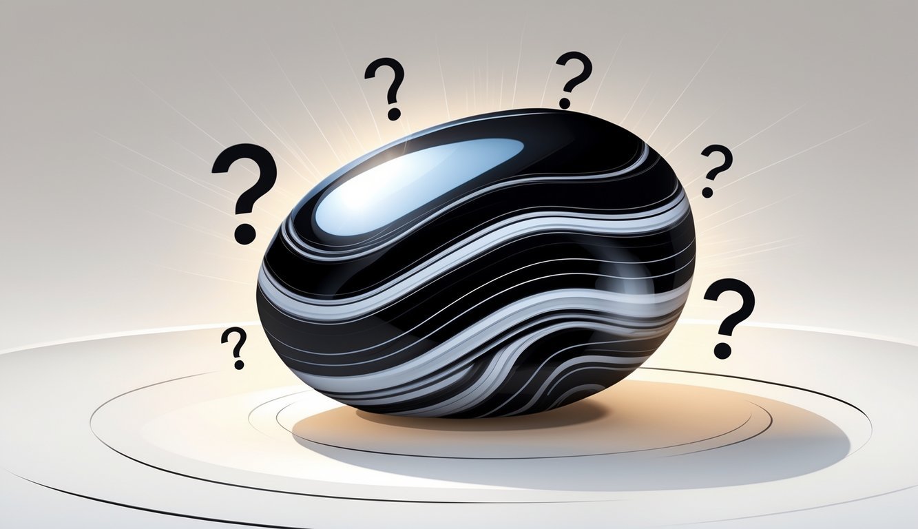 A polished onyx stone with black and white bands surrounded by subtle question mark icons and soft glowing light effects on a clean background.