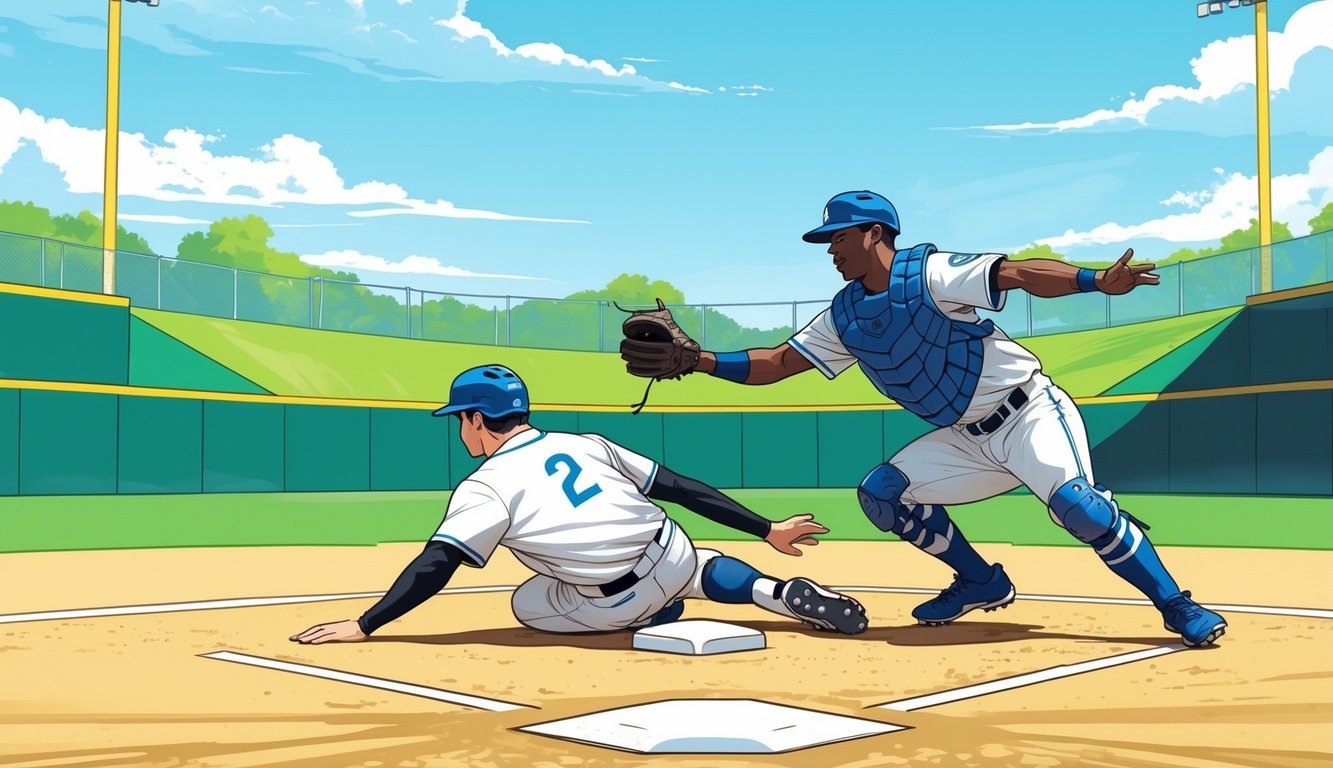 A baseball player sliding into second base while the baseman reaches to tag him on a baseball field.