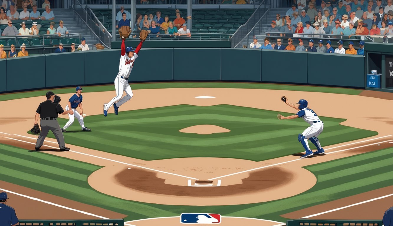 A baseball infield showing a shortstop catching a pop fly ball with runners on first and second base and an umpire signaling the infield fly rule.
