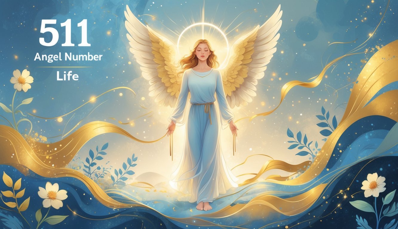 An angelic figure surrounded by glowing light and flowing energy patterns with symbols of growth and transformation in a celestial setting.