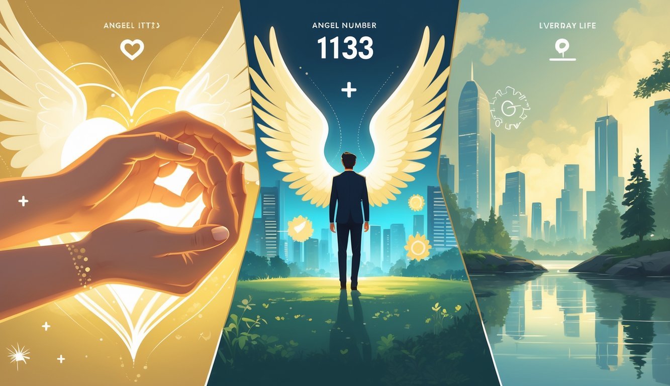 A scene showing three connected areas: two hands intertwined for love, a person standing confidently by a city skyline for career, and someone meditating in nature for everyday life, all with soft glowing light and angelic wings in the background.