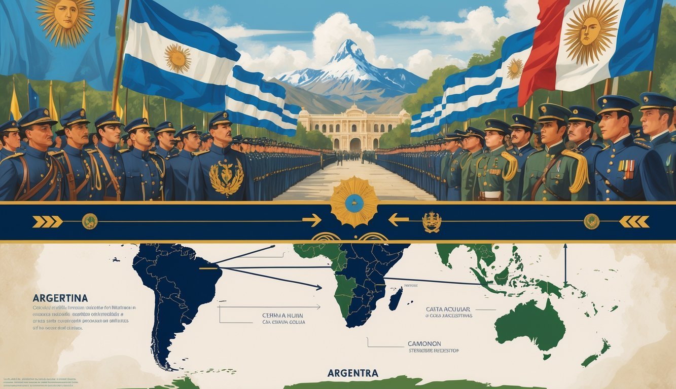 A scene showing Argentine soldiers in traditional and modern uniforms during a military parade, with a map highlighting Argentina's international connections and landmarks in the background.