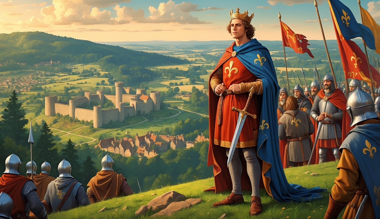 A young Charlemagne stands on a hill overlooking a medieval kingdom with castles and villages, surrounded by advisors and knights.