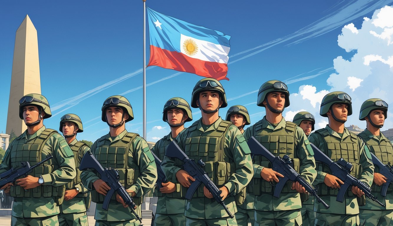 Argentine soldiers in uniform standing in formation with the Argentine flag and a city landmark in the background.