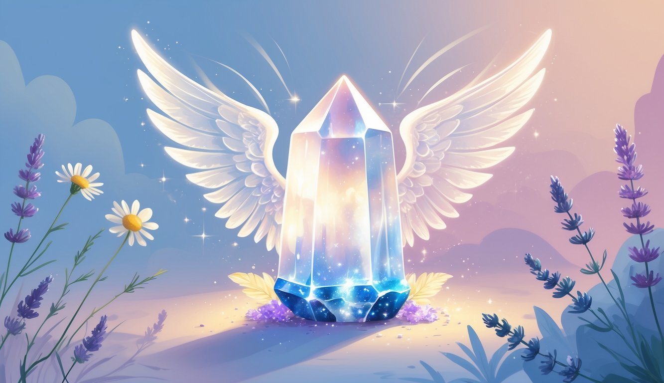 An angel quartz crystal glowing softly with angelic wings behind it, surrounded by medicinal herbs and a calming pastel background.