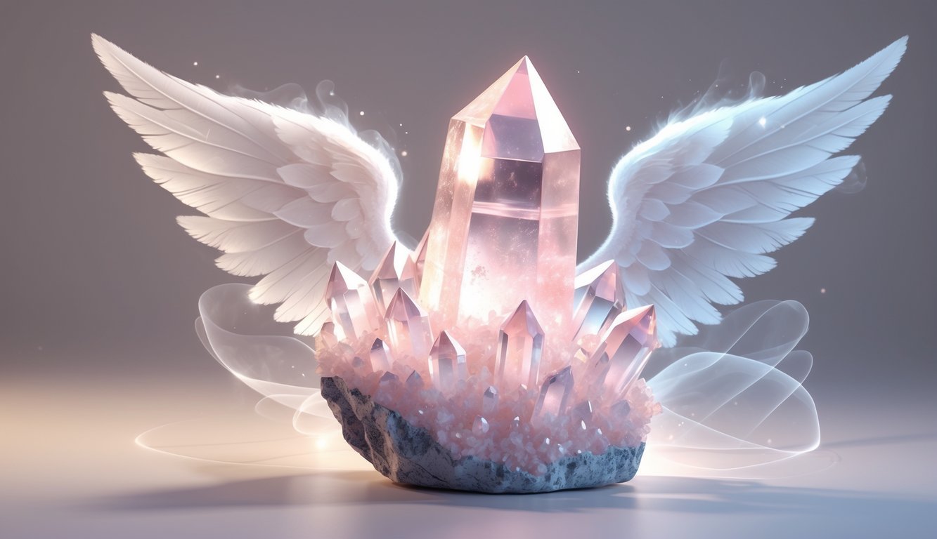 A glowing pink and white angel quartz crystal cluster with soft angelic wings made of light against a pastel background.