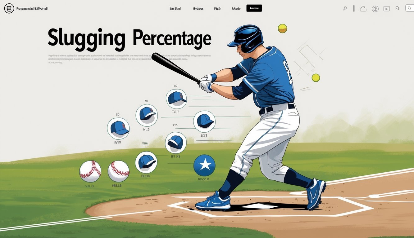 A baseball player swinging a bat with icons representing singles, doubles, triples, and home runs around him, with a baseball diamond in the background.