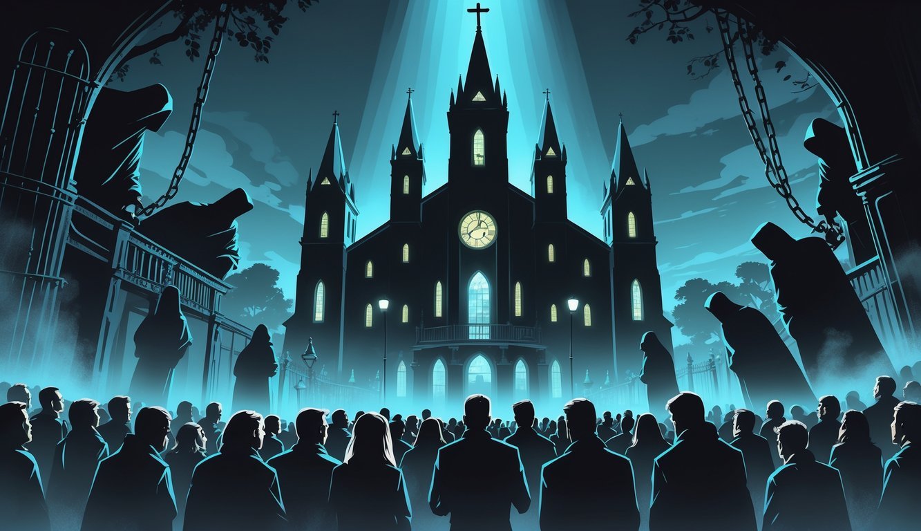 A large church building with bright lights at dusk surrounded by shadowy figures and concerned people in front, suggesting hidden secrets and mystery.