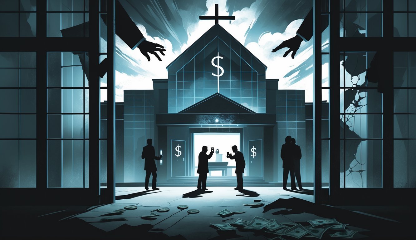 A large modern church with shadowy figures exchanging money and whispering behind closed doors, symbolizing hidden controversies and secrecy inside.