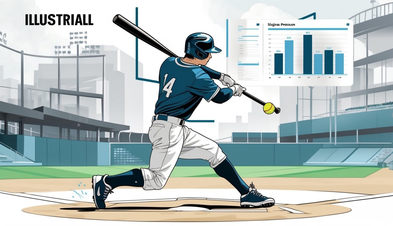 A baseball player swinging a bat with a baseball diamond and statistical graphics in the background.