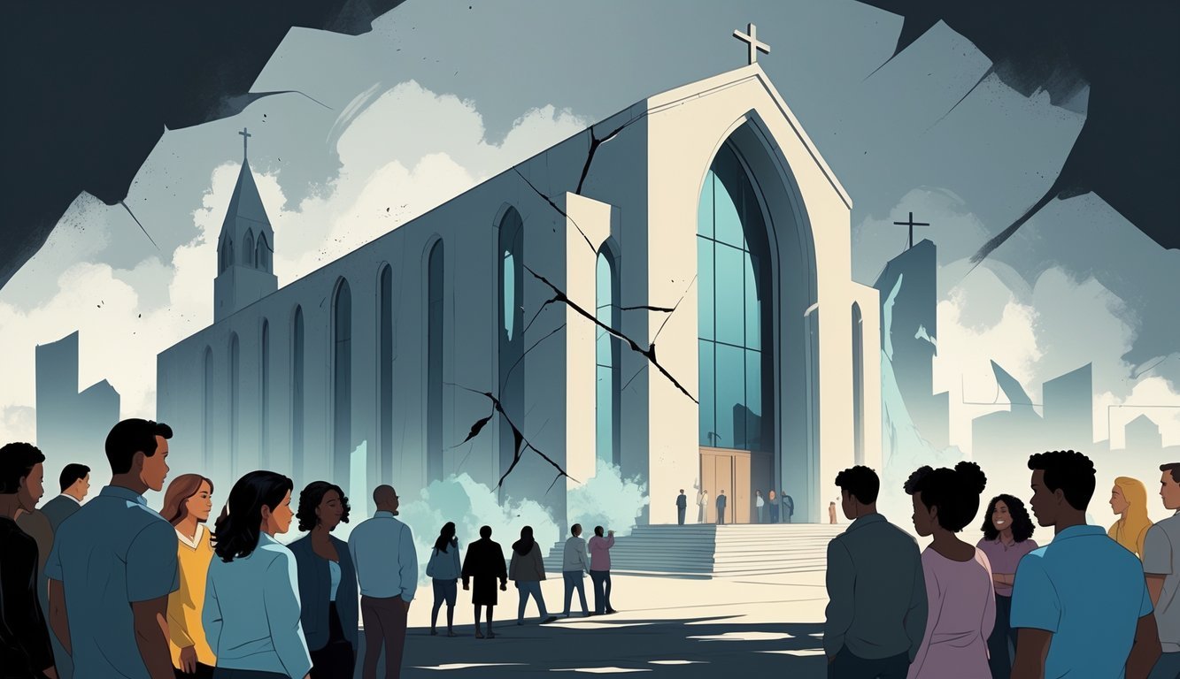 A large modern church with cracks and shadows on its exterior, surrounded by diverse people showing mixed emotions, with dark silhouettes in the background representing hidden secrets.