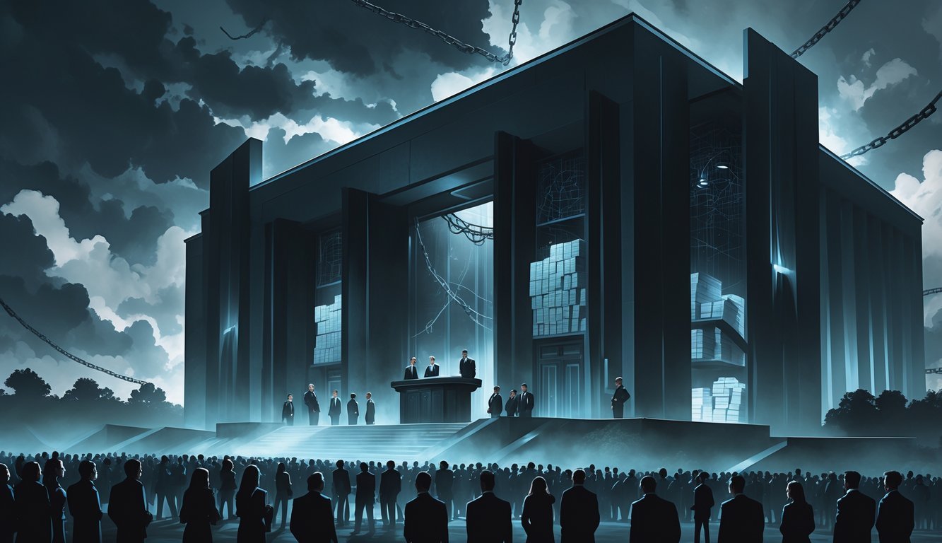 A large modern church with a crowd outside looking concerned, shadows and silhouettes inside suggest secrecy and hidden activities.
