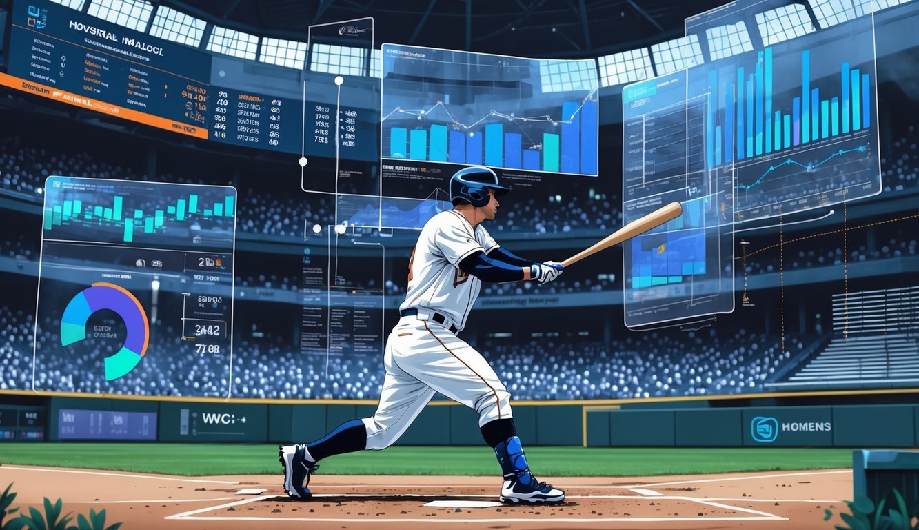 A baseball player swinging at a pitch in a stadium with floating charts and graphs showing baseball statistics around him.
