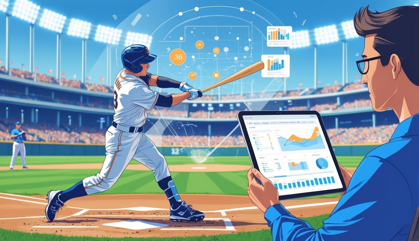 A baseball player swinging a bat at home plate with statistical graphics and a coach reviewing data on a tablet in a stadium filled with fans.