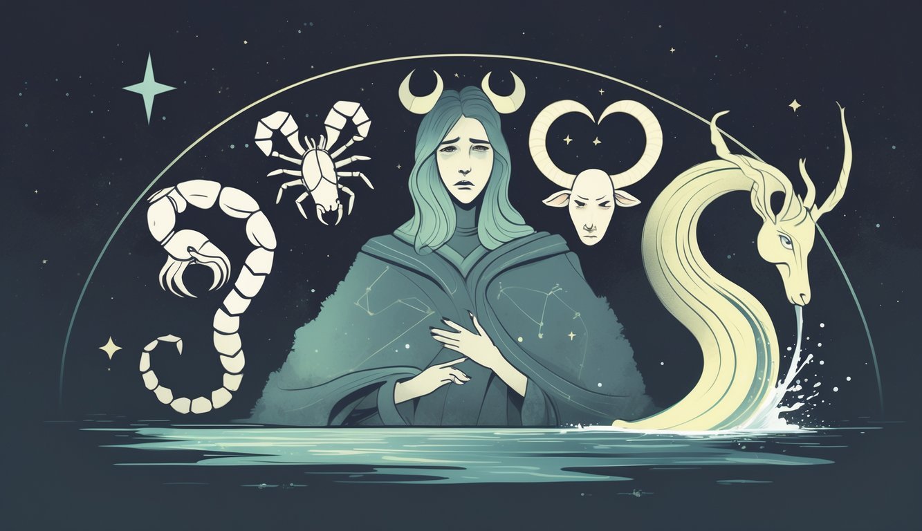 A dark celestial scene showing five zodiac symbols with troubled expressions representing difficult relationship signs.