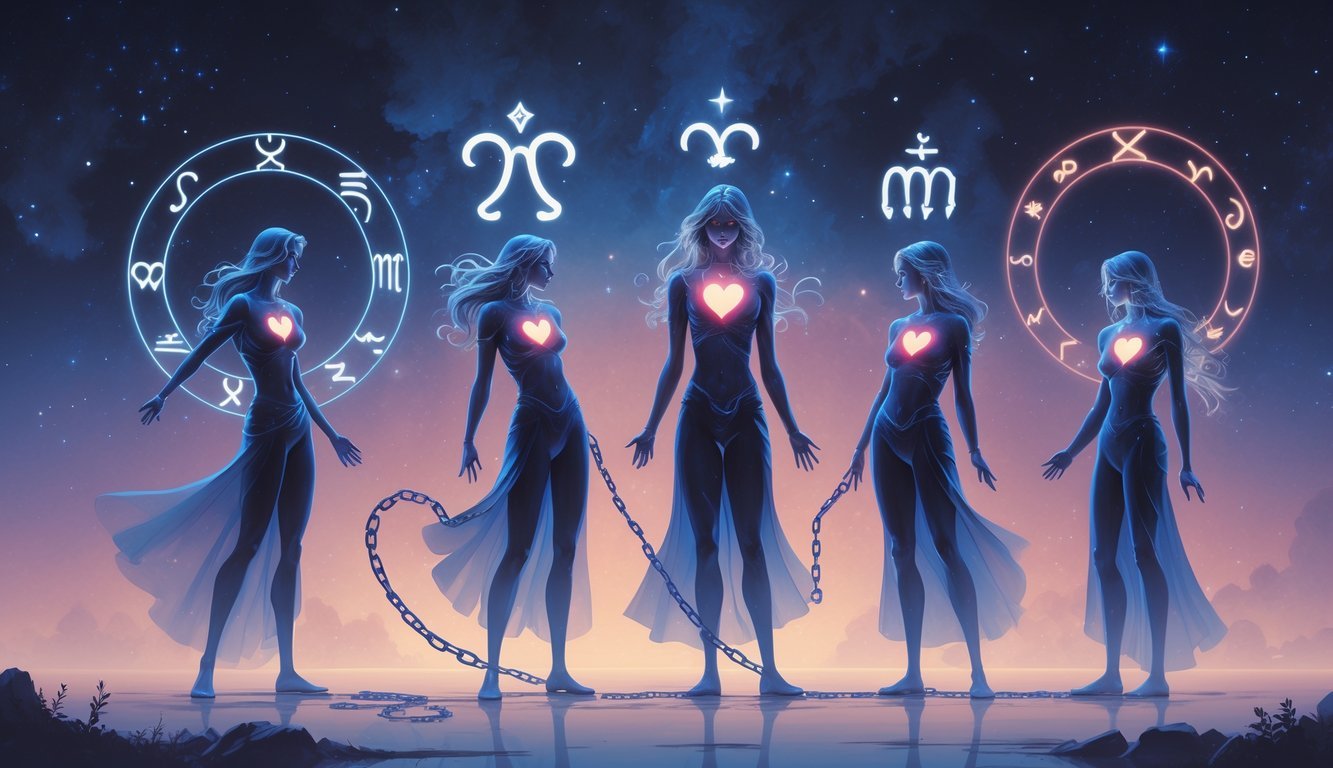 Five zodiac symbols represented as figures showing emotional tension and distance against a cosmic background with stars and nebulas.