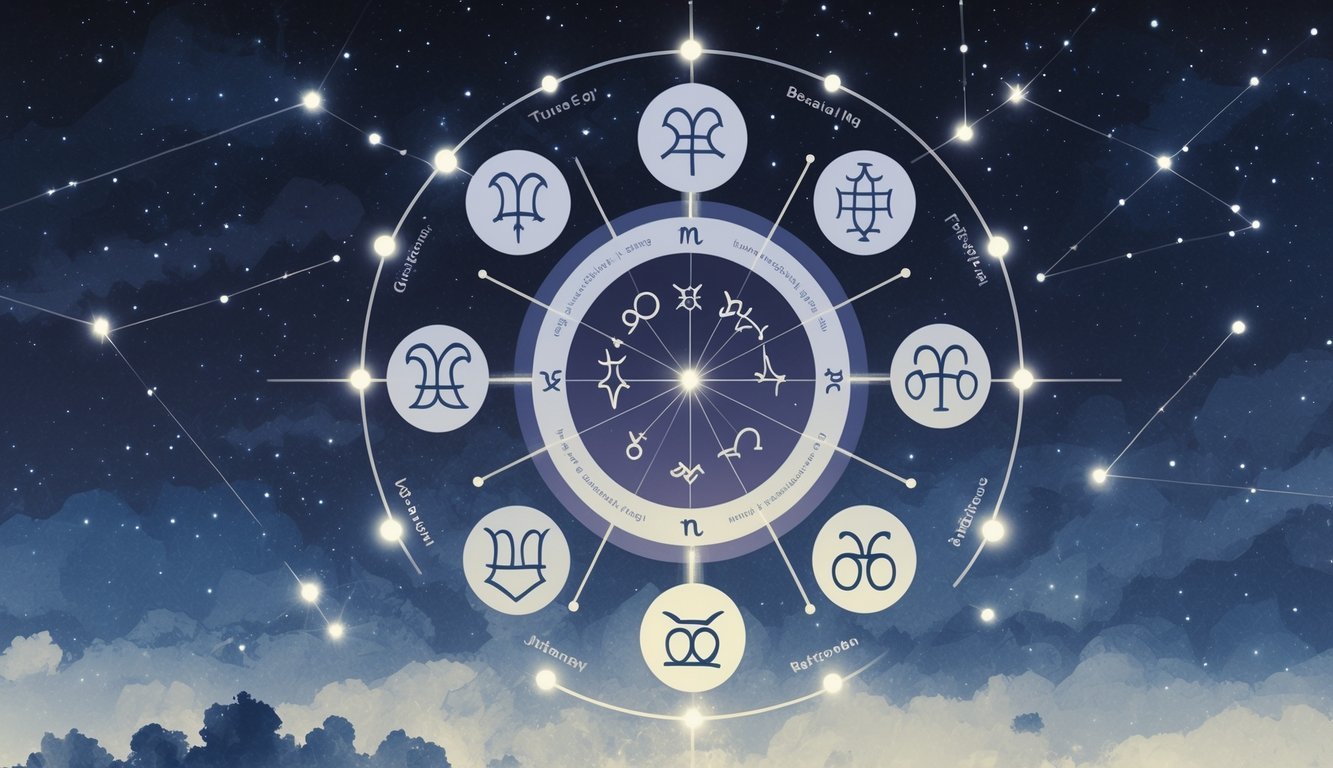 A circular arrangement of zodiac symbols with some highlighted, set against a dark starry sky with glowing constellations and connecting lines representing astrological relationships.