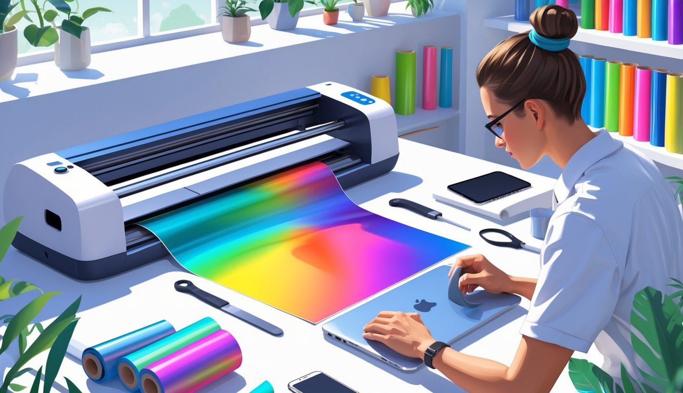 A person applying a colorful vinyl decal onto a laptop in a bright, organized workspace with a vinyl cutter and rolls of vinyl in the background.