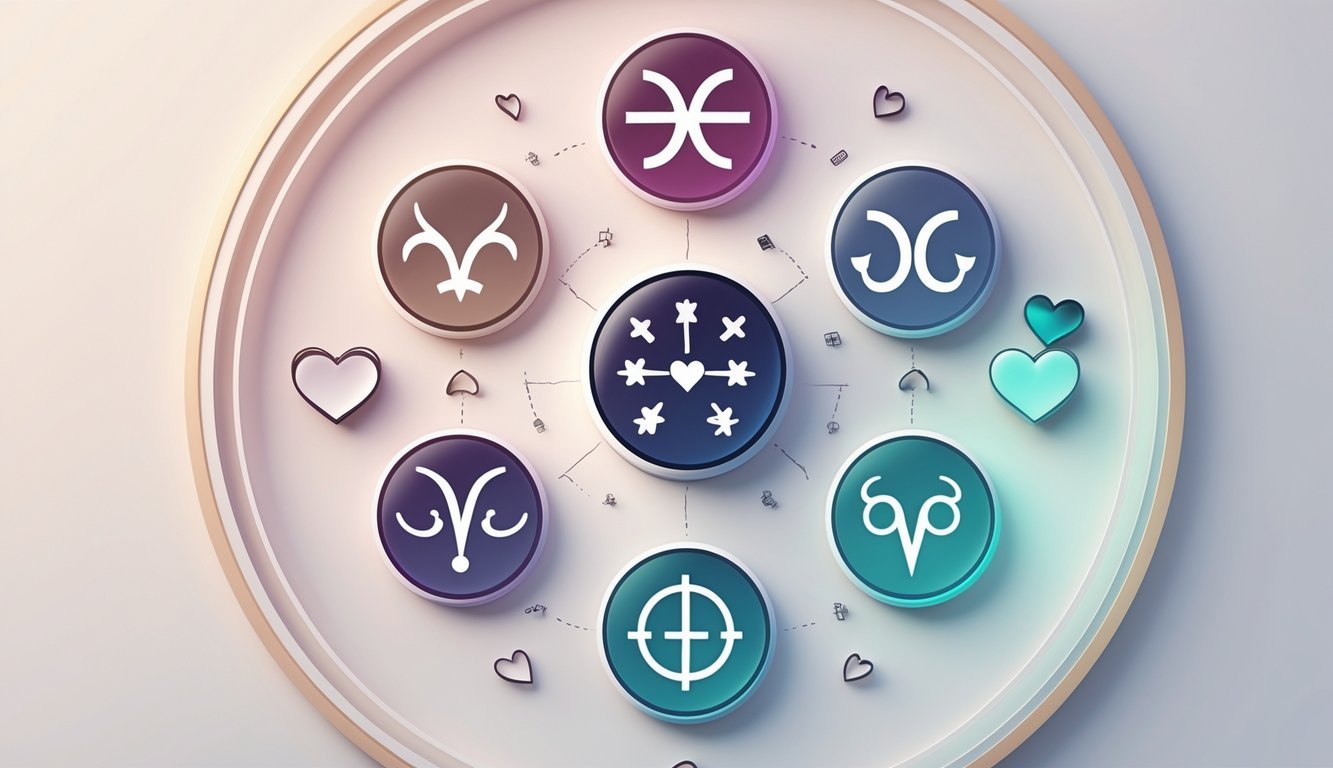 An illustration showing twelve zodiac symbols in a circle with three symbols highlighted and surrounded by subtle broken heart and tangled line motifs, representing relationship challenges.