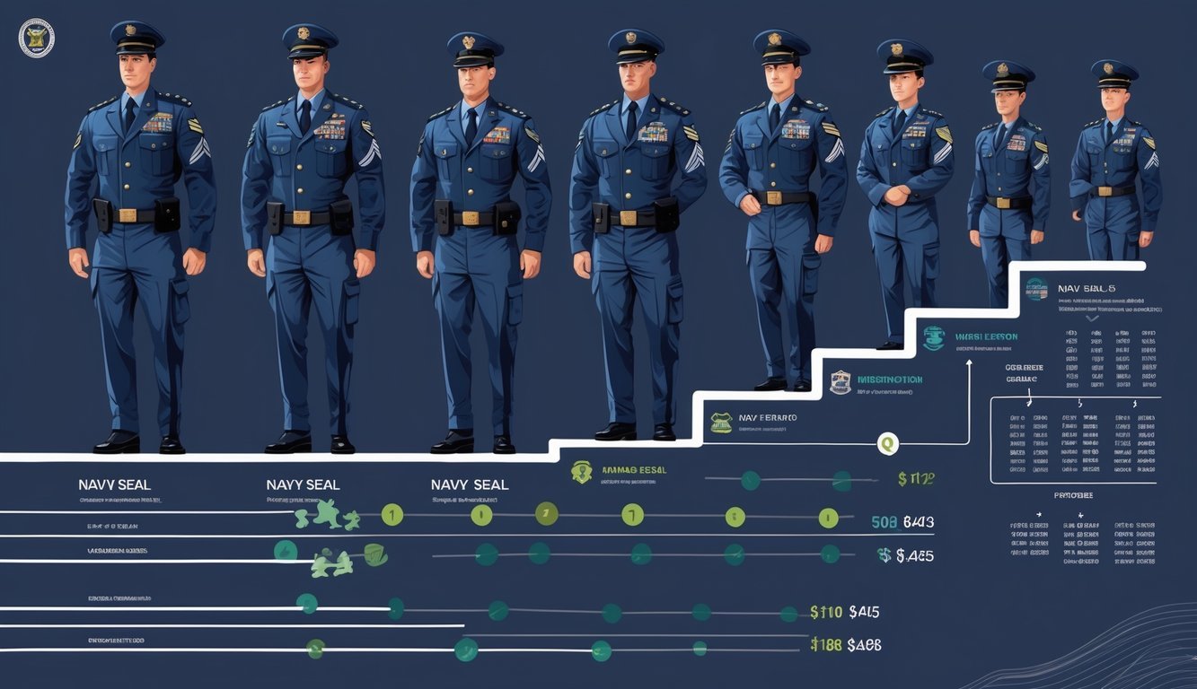 Illustration showing Navy SEAL ranks and career progression with uniformed figures arranged in order and a side graphic representing salary growth.