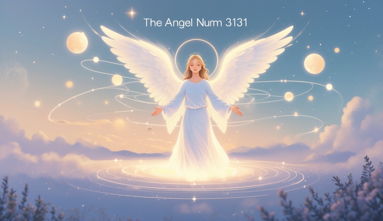 A glowing angel with outstretched wings surrounded by floating light orbs in a peaceful sky at dawn.