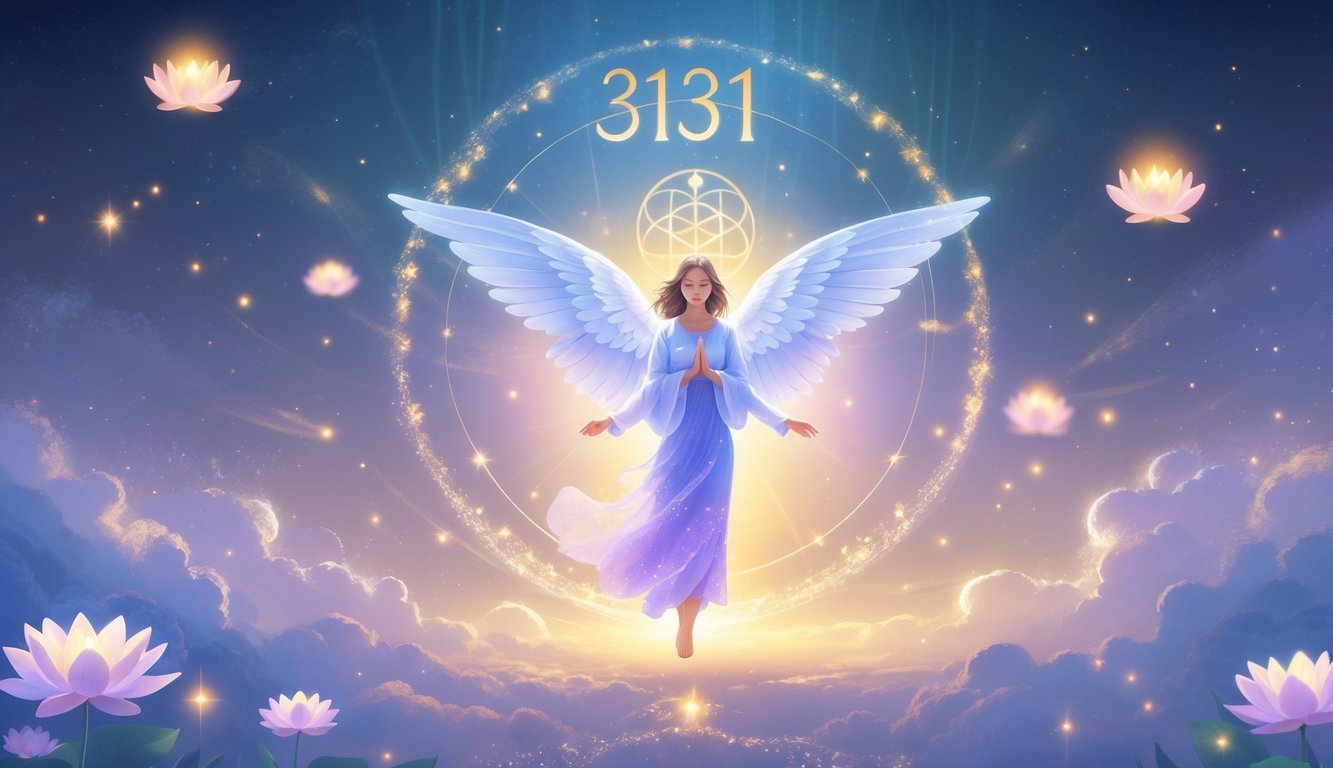 A peaceful angel with glowing wings surrounded by floating spiritual symbols and soft light under a starry sky.