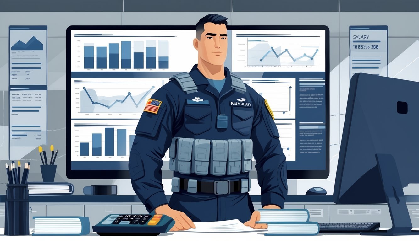 A Navy SEAL in tactical gear standing in an office environment with charts and salary-related data displayed on screens behind him.
