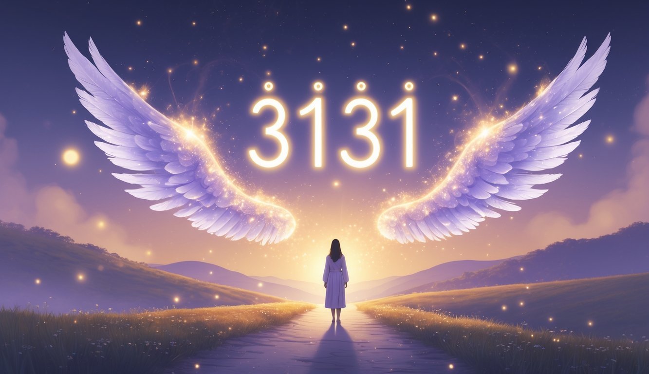 A person standing on a winding path surrounded by glowing light and floating numbers 3131 in the sky, with a peaceful landscape and soft glowing wings in the background.