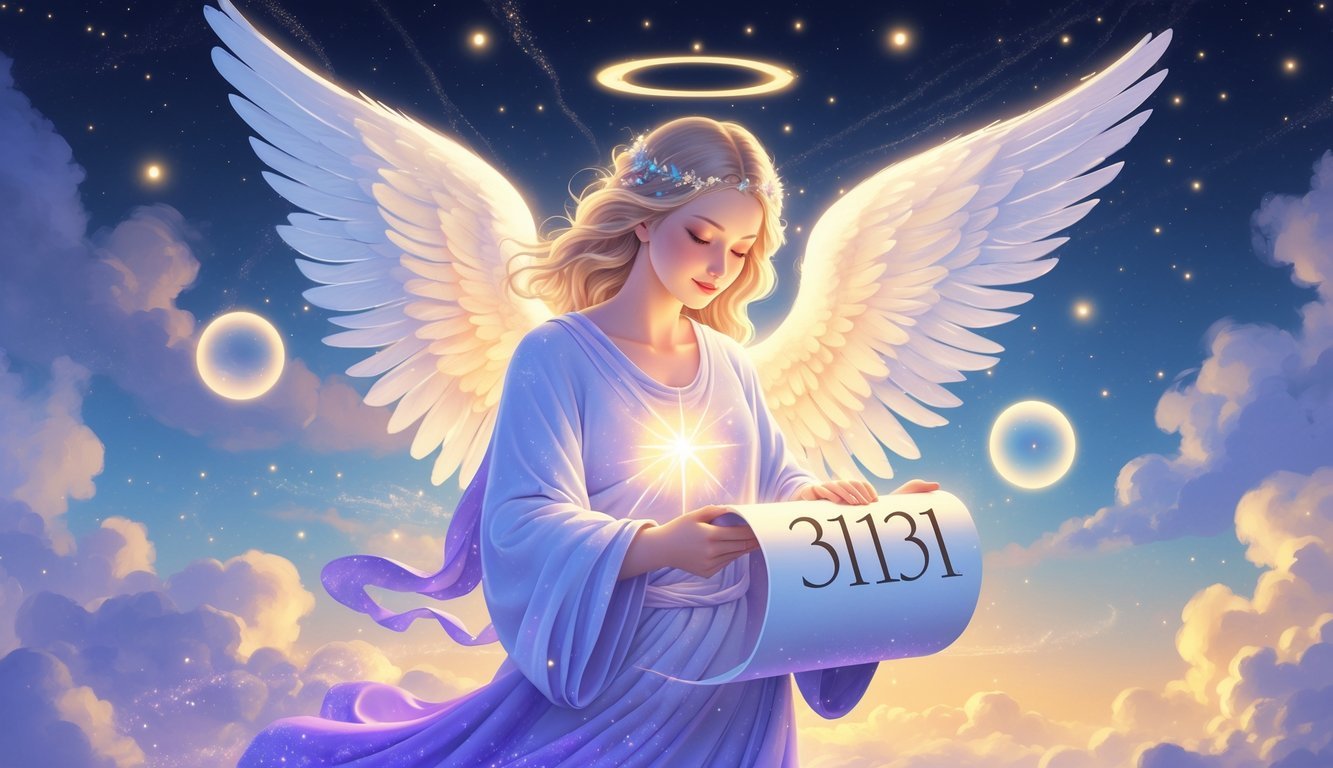 An angel with glowing wings holds a luminous scroll surrounded by soft light and stars in a peaceful celestial sky.