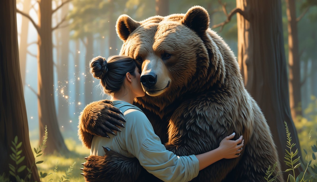 A person warmly embracing a large bear in a peaceful forest setting, symbolizing strength and connection.