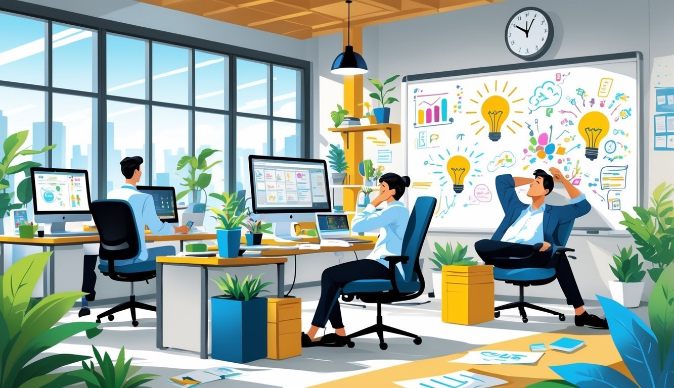 An office scene showing people working, one person thoughtfully pausing, and another brainstorming ideas on a whiteboard.