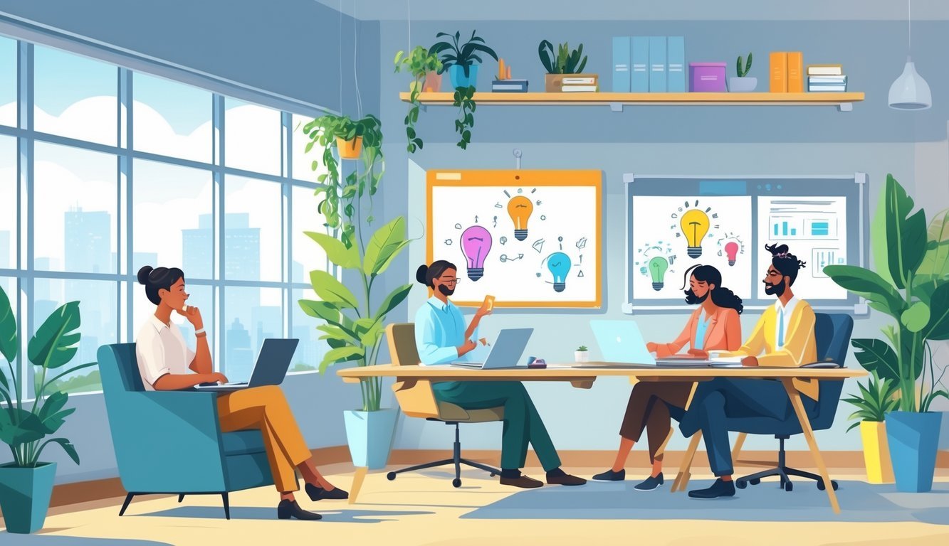 An office scene showing employees taking thoughtful breaks and brainstorming creative ideas in a relaxed workspace.