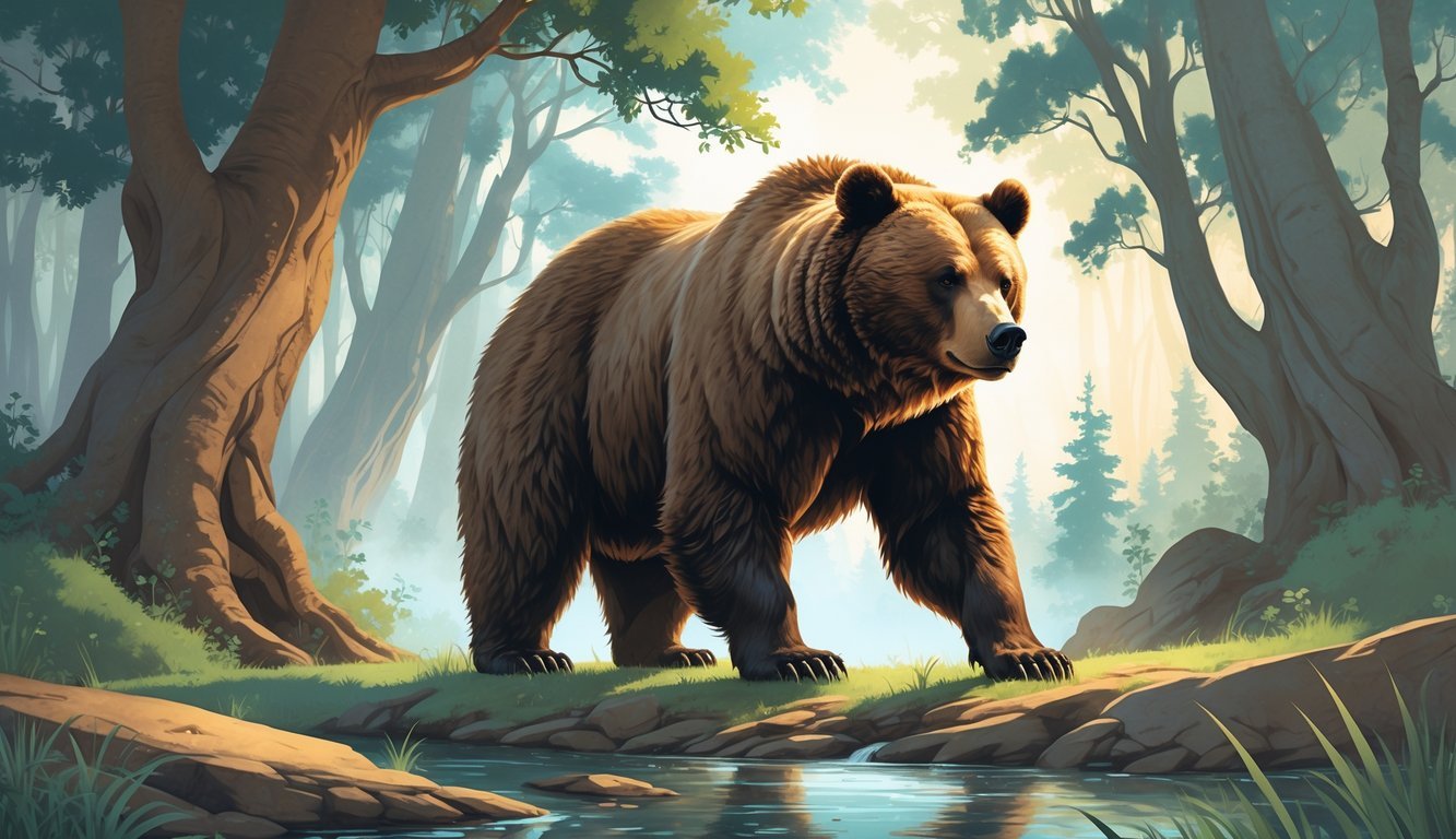 A strong bear standing calmly in a forest with glowing eyes, surrounded by soft light and mist.