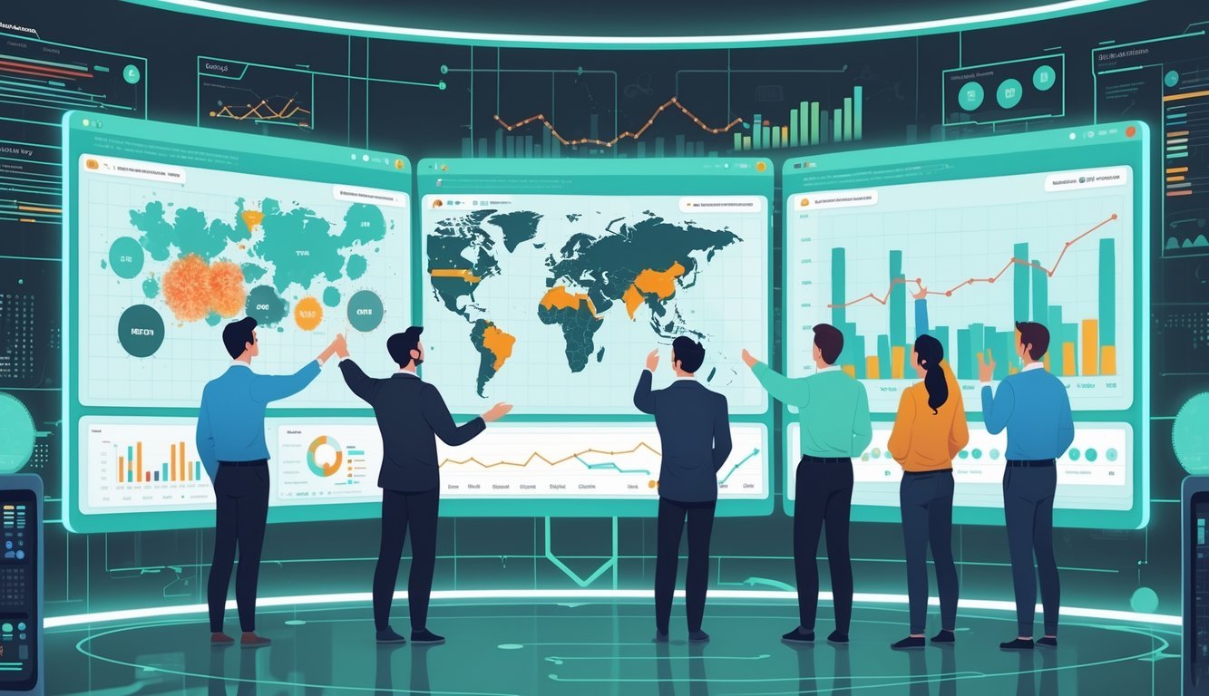 A team of scientists analyzing digital screens showing maps and graphs predicting COVID-19 outbreaks weeks ahead.