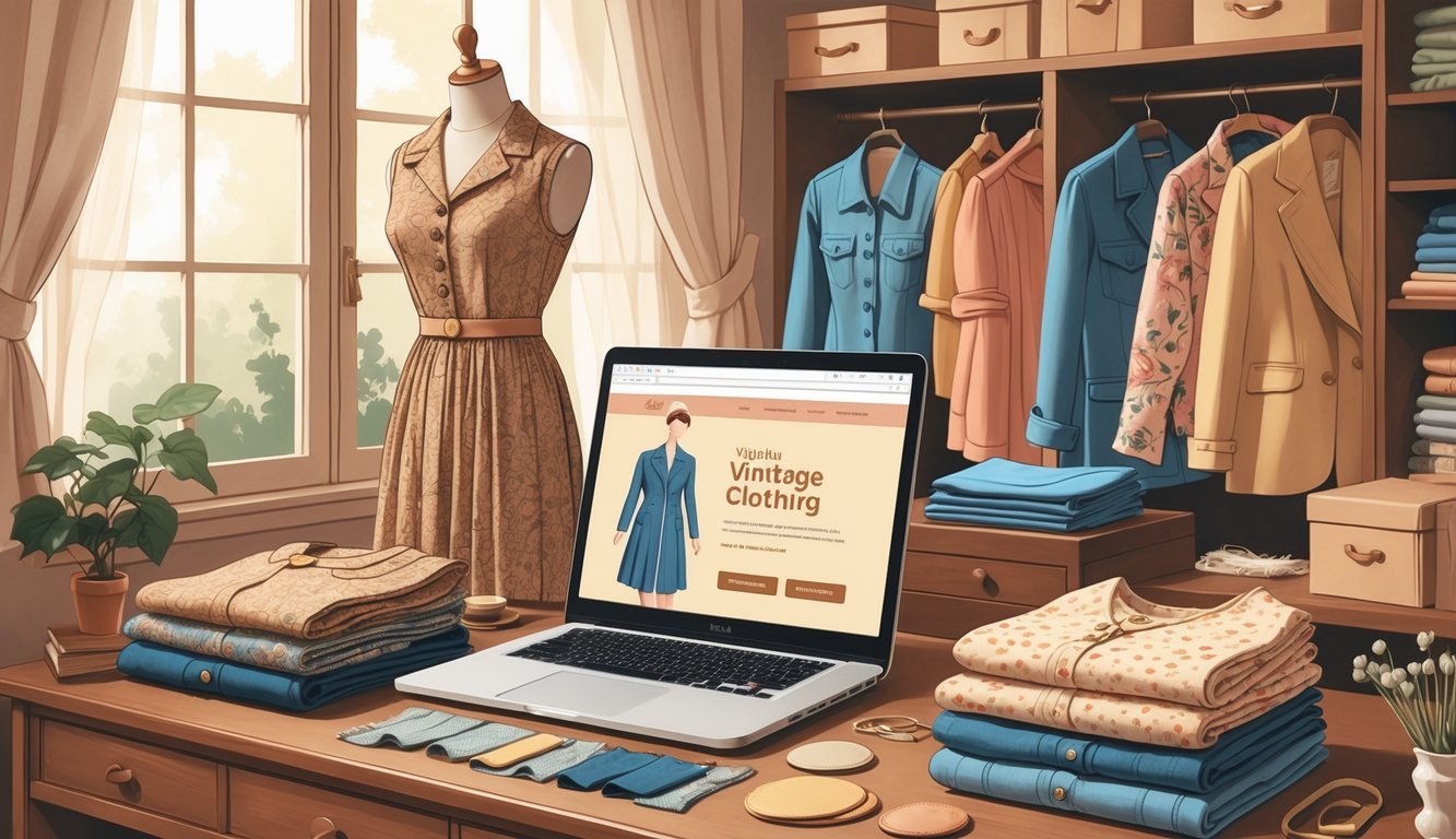 A workspace with a laptop showing a vintage clothing website, surrounded by folded vintage clothes and a mannequin wearing a vintage outfit.