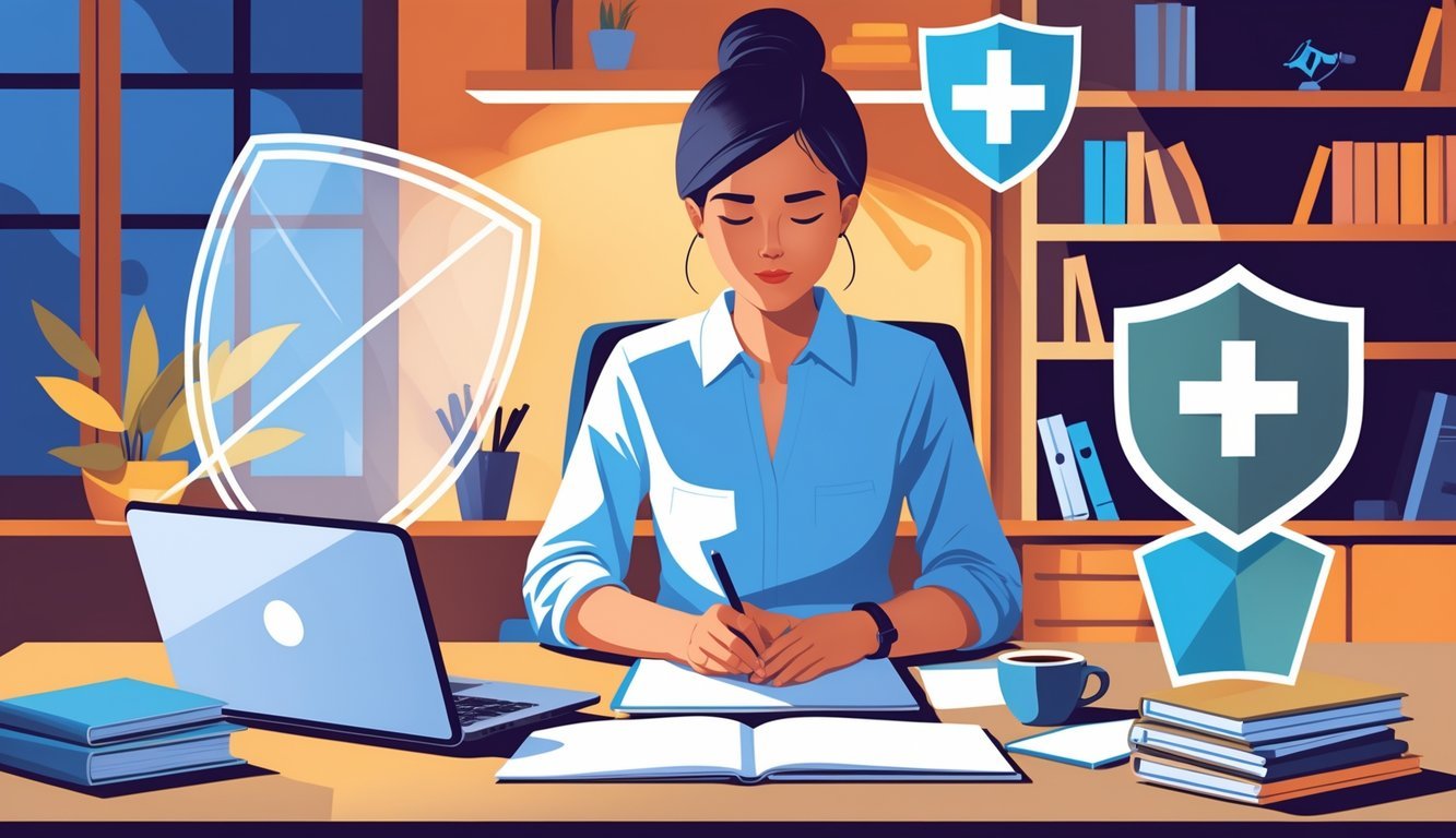 A freelance writer working at a desk in a home office with symbols of protection and security around the workspace.