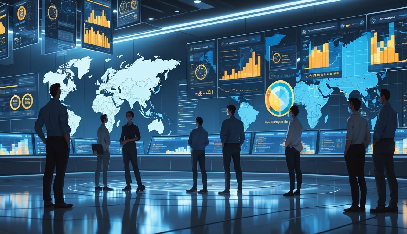 Scientists in a high-tech control room analyzing data on floating screens with a glowing world map showing predicted COVID-19 outbreak regions.