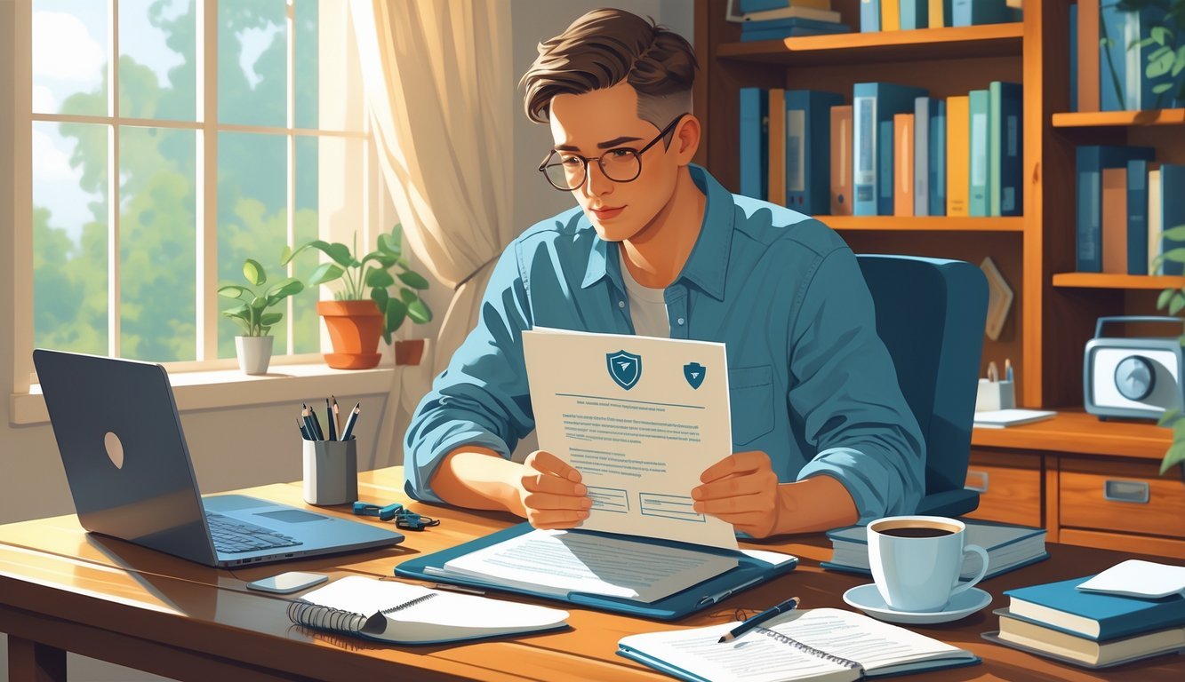 A freelance writer sitting at a desk in a home office, reviewing documents with icons representing insurance, surrounded by writing materials and a bookshelf.