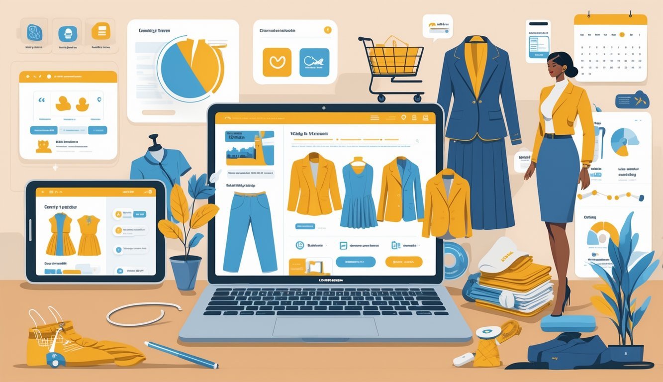 A person working at a desk with a laptop showing vintage clothing online, surrounded by vintage clothes on a rack and a mannequin, with charts, icons, and devices representing online sales and marketing.