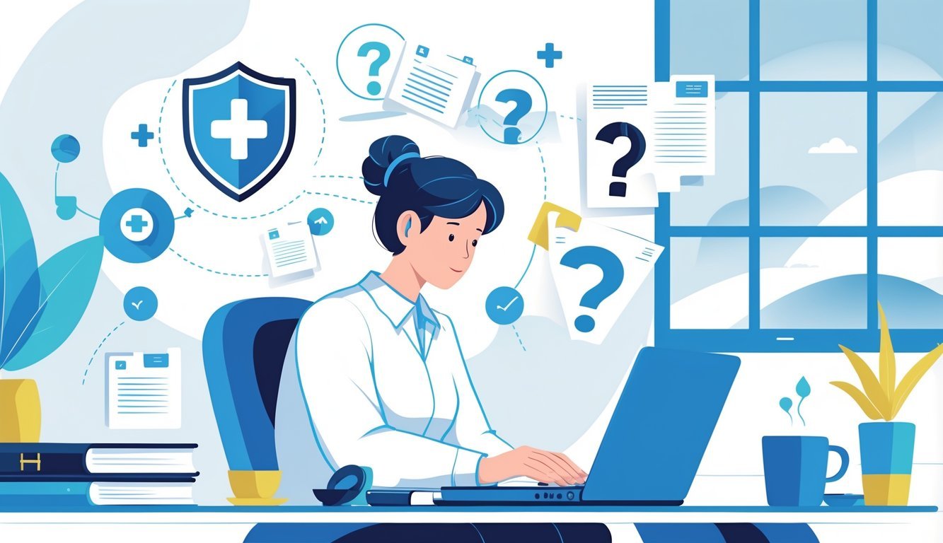 A freelance writer working at a desk with a laptop, surrounded by icons representing disability insurance and questions.
